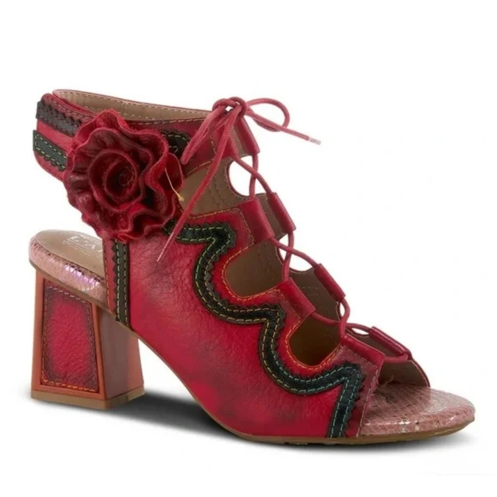 L’ARTISTE SUPERCUTE RED ANKLE STRAP LACE UP LEATHER SANDALS BLOCK HEEL SIZE 36
